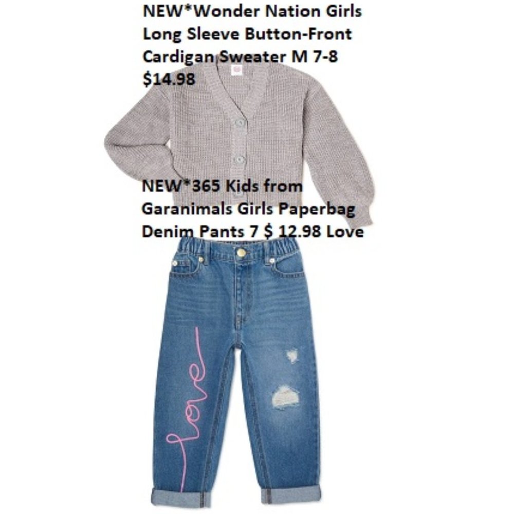 Wonder Nation Girls Cardigan Sweater M 7-8 & 365 Kids Girls Paperbag Love Jeans